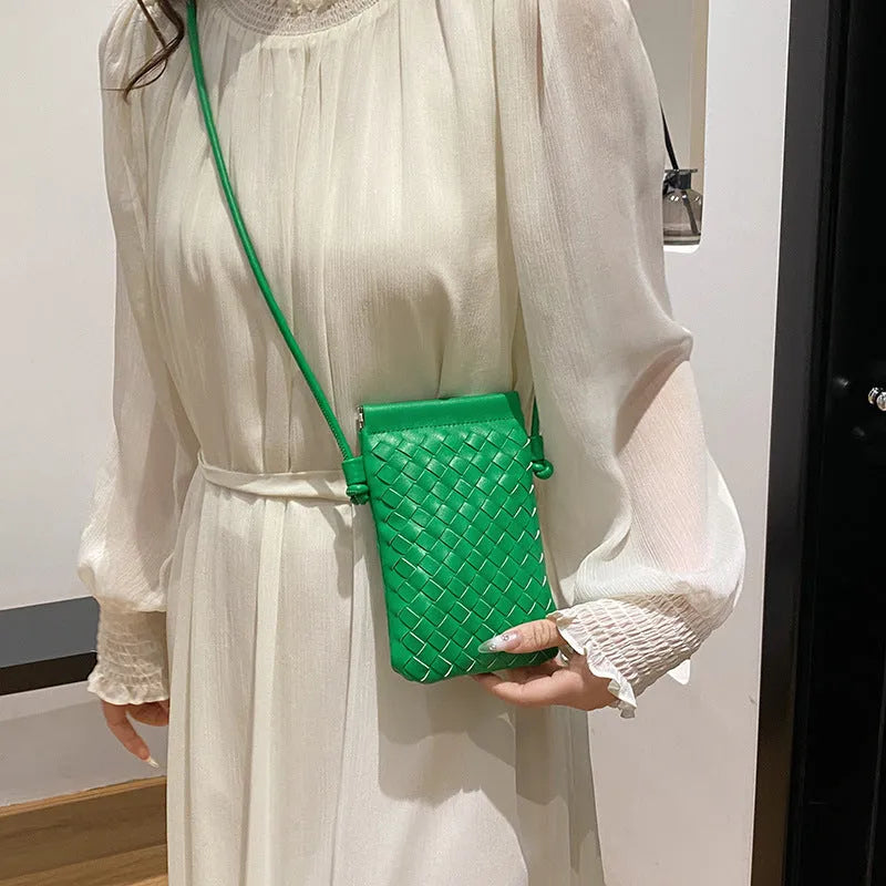 Vintage weave crossbody phone bag in vertical square shape with card slot, shown in multiple colour options