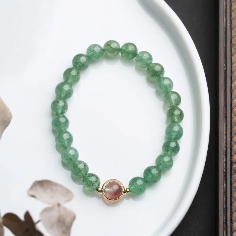 Green strawberry quartz bracelet with 7.5mm beads in hand-woven single circle ball design