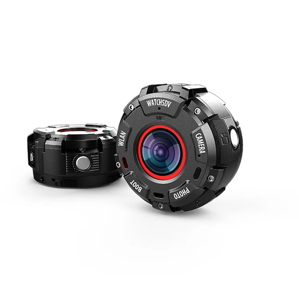 Black waterproof sports digital camera with compact design shown next to an SD card.