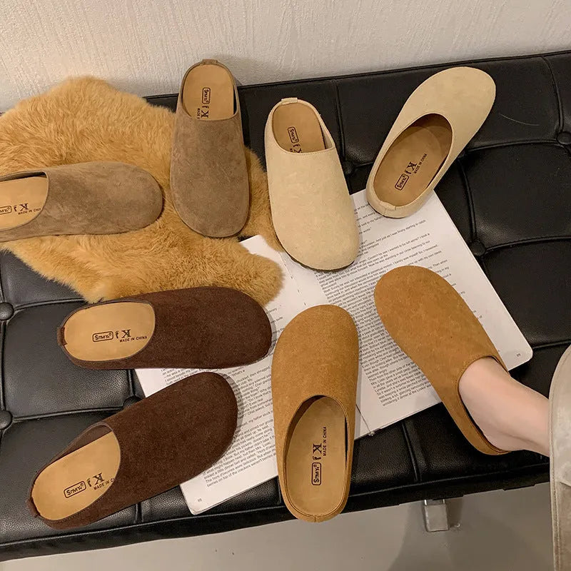 Korean style apricot coloured flat slippers with a square toe and slip-on design