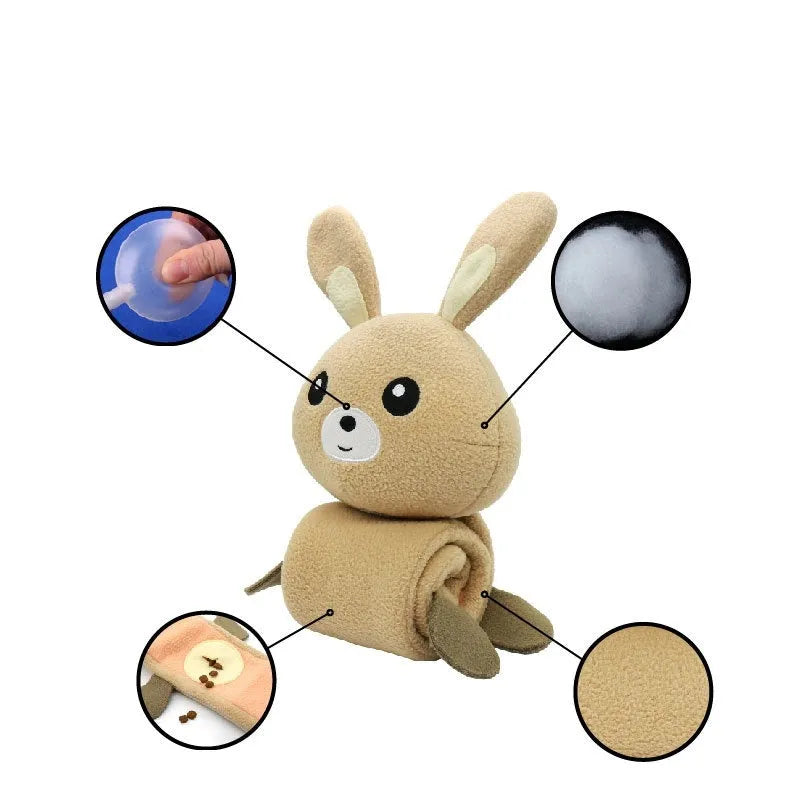 Fleece rabbit plush dog toy with sound and treat dispensing functions