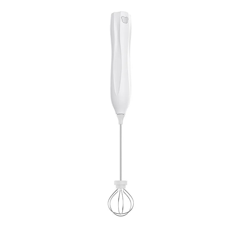 Handheld personalised milk frother in beige, black, or white with stainless steel whisk and Type-C charging port.