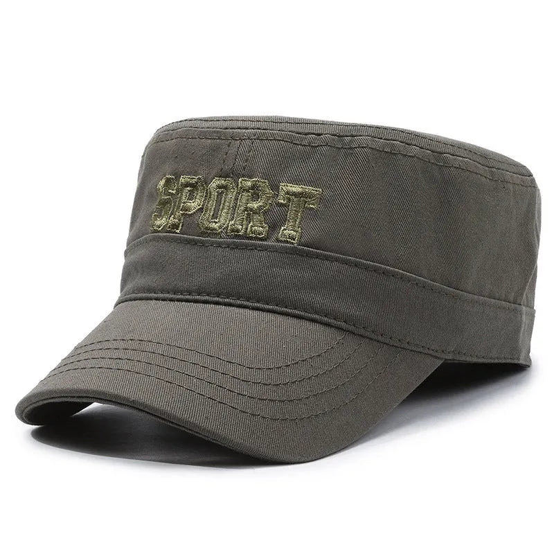 Men's cotton flat-top peaked cap with adjustable strap and dome crown in multiple colour options