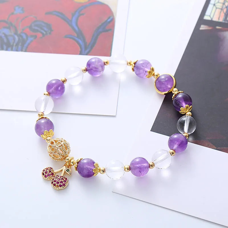 Purple crystal bracelet with cherry flower design and micro-inlaid amethyst details