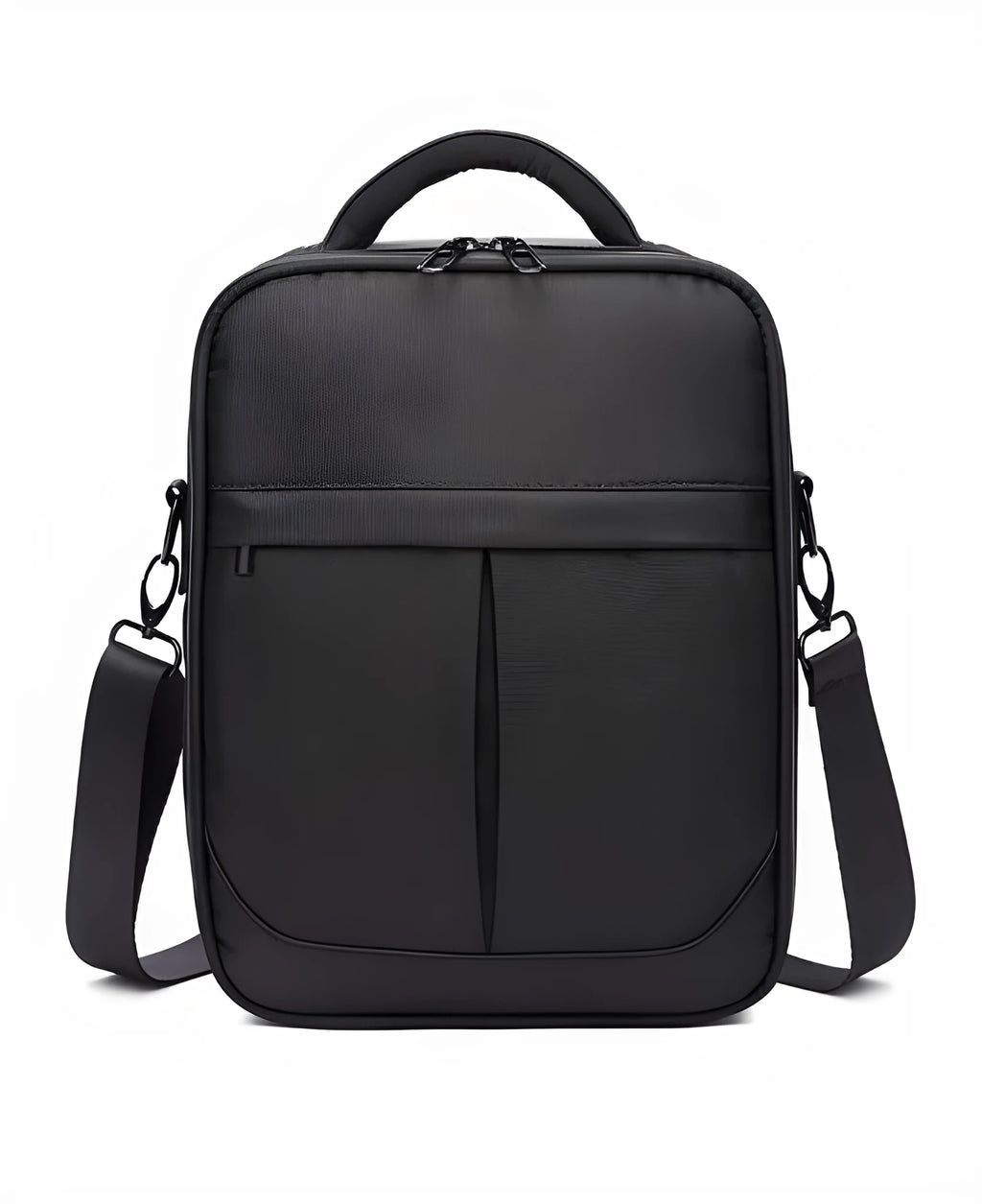 Black Oxford fabric men's messenger shoulder bag shown from the front.