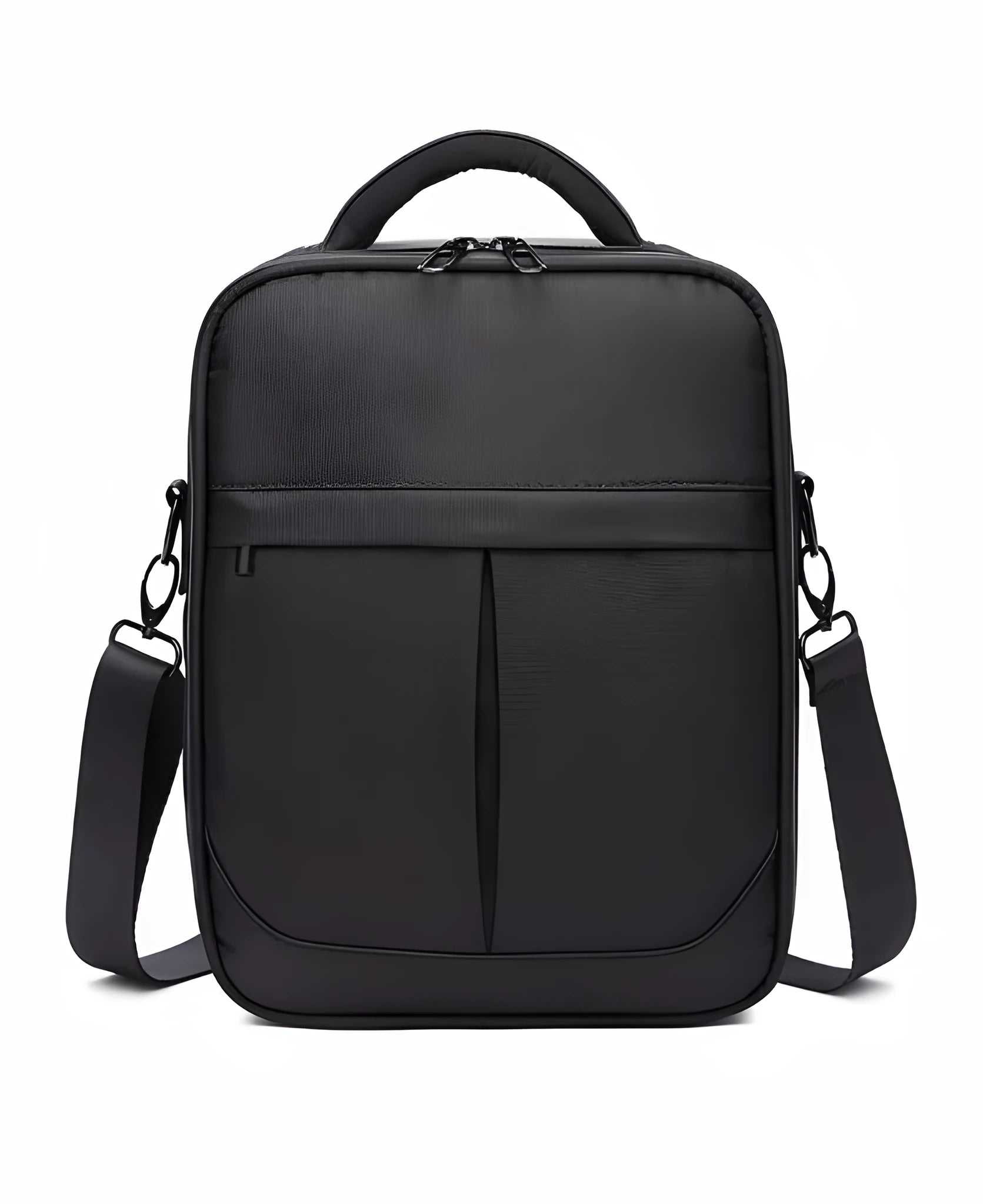 Black Oxford fabric men's messenger shoulder bag shown from the front.