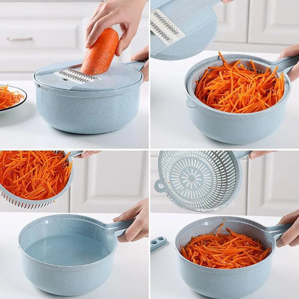 Blue hand-held mandoline slicer with stainless steel blades and plastic container for vegetable preparation