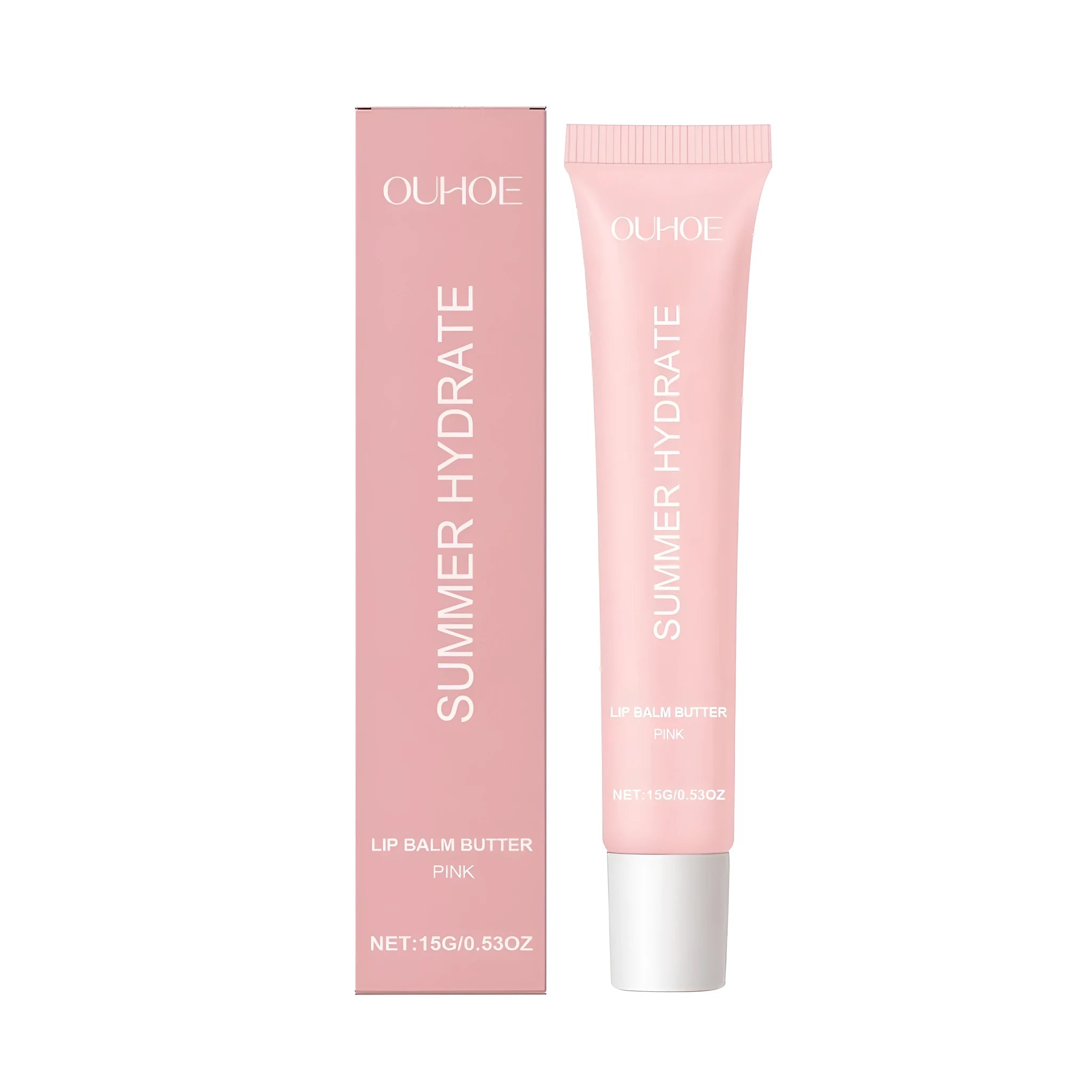 Pink lip balm butter with shea butter and vitamin E in a lipstick applicator