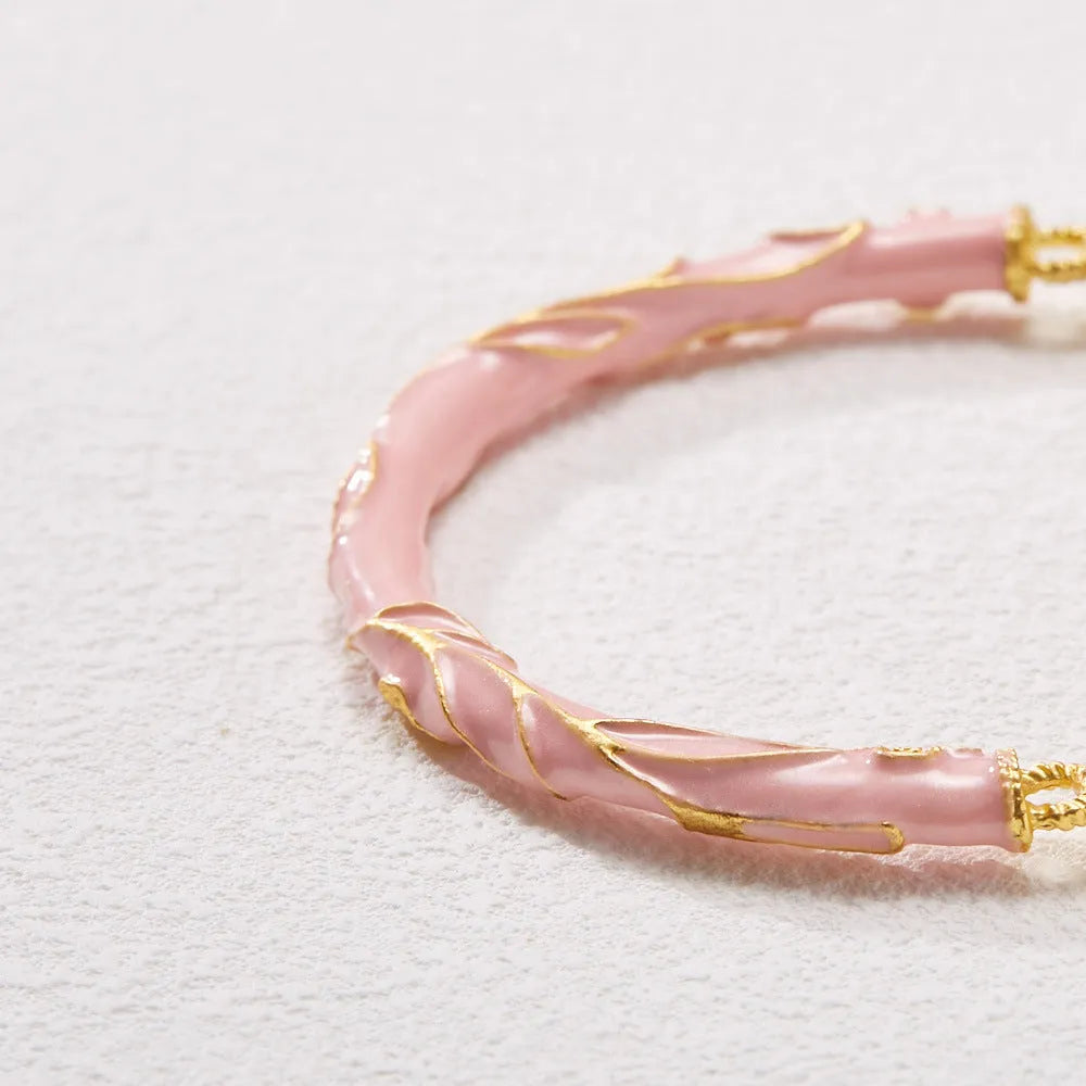 Traditional Chinese sunstone jinsi jade half bracelet with geometric shape and lily design elements