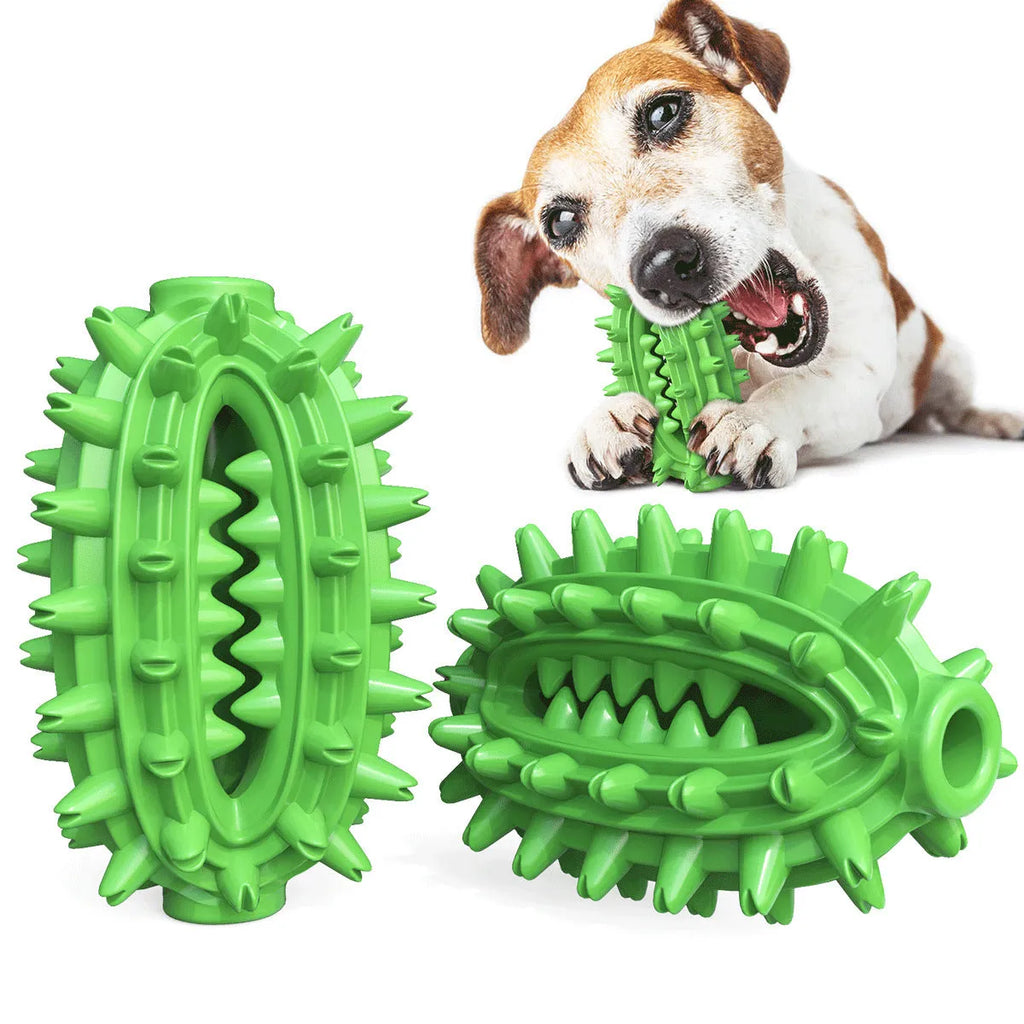 Cactus-shaped dog toothbrush toy in green or yellow, with bumps and channels for dental care, measuring 13cm by 8cm.