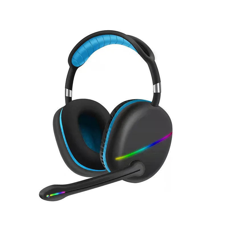 Blue over-ear wireless Bluetooth headset with illuminated RGB lights on the ear cups.