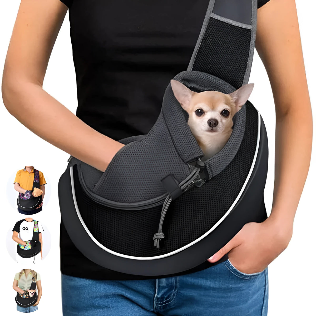 Oxford cloth crossbody pet bag for small dogs and cats, sizes S and M, with drawstring and bottom zipper, shown in black, blue, green, orange, or purple.