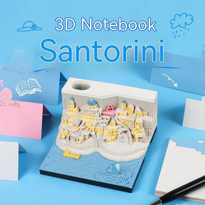 Santorini 3D paper carving building model notepad with LED lighting decoration showing beach scene construction