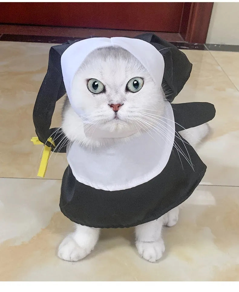 Black polyester nun costume for small pets with free size design for Halloween dressing