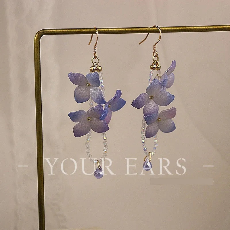 Handmade purple gradient embroidered ball flower earrings with tassel, artificial crystal and heat shrink sheet, one pair