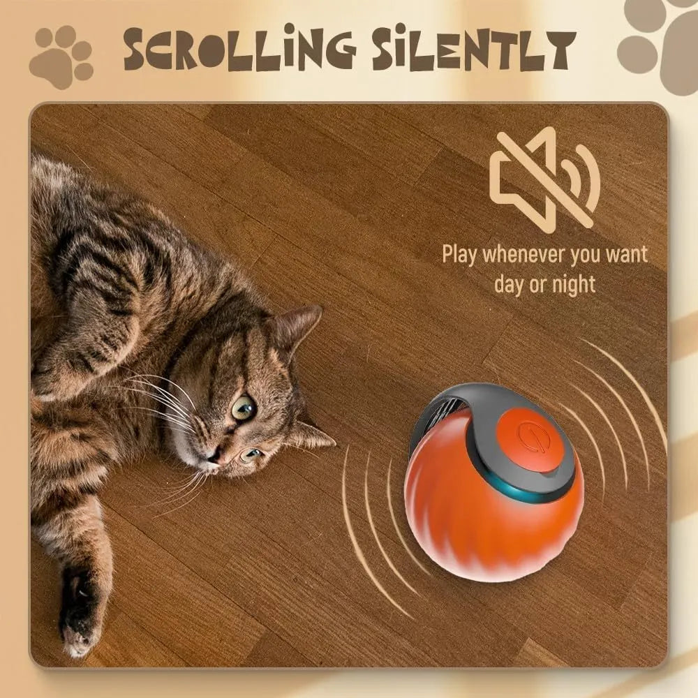 Blue and red interactive rolling ball pet toy for cats and dogs on a floor.