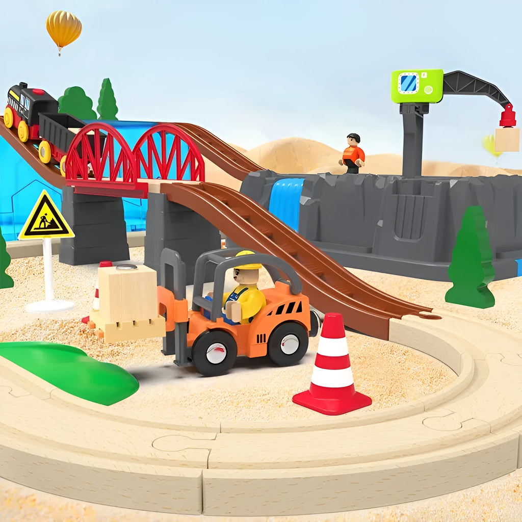 Wooden track train set with electric car head, beech and ABS pieces, free splicing track, and storage box for ages 4-6