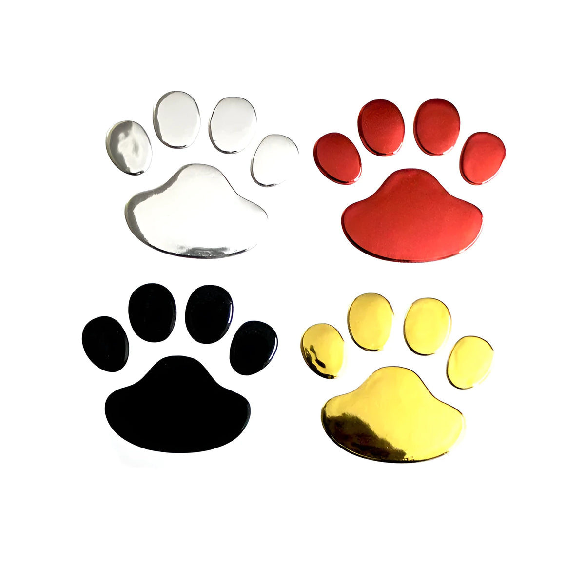 PVC footprint sticker 60x60mm with chrome finish and adhesive back, shown in silver, gold, red or black.