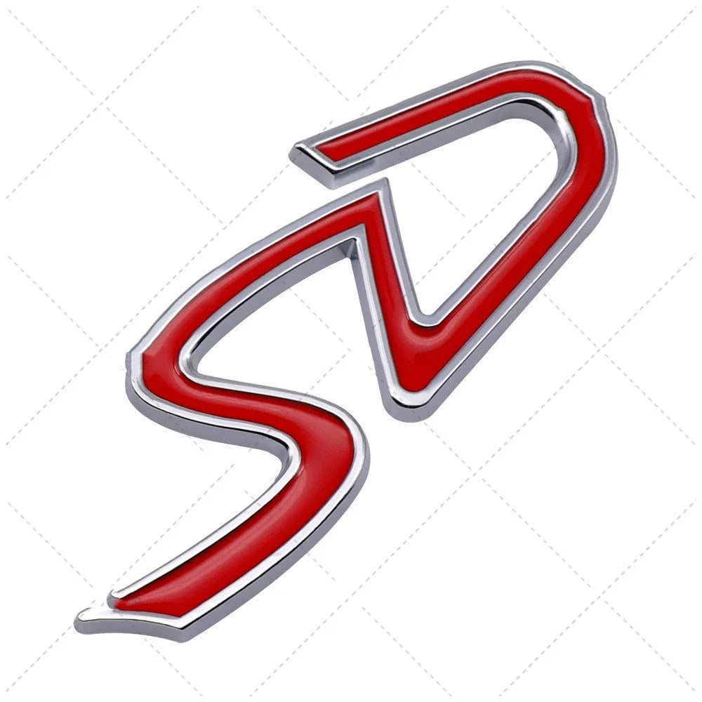 Metal car modification stickers showing SD pattern at 7.7cm and D pattern at 3.8cm in red silver colour combination