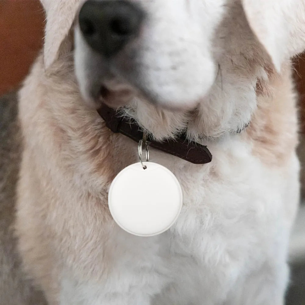 White or black GPS tracker device with hanging rope for attaching to pet collars or keychains, showing compact size of 32mm by 32mm by 9mm.