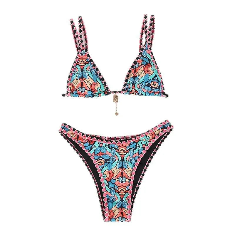 Retro print women's bikini in four colours with polyester fabric for swimming sports