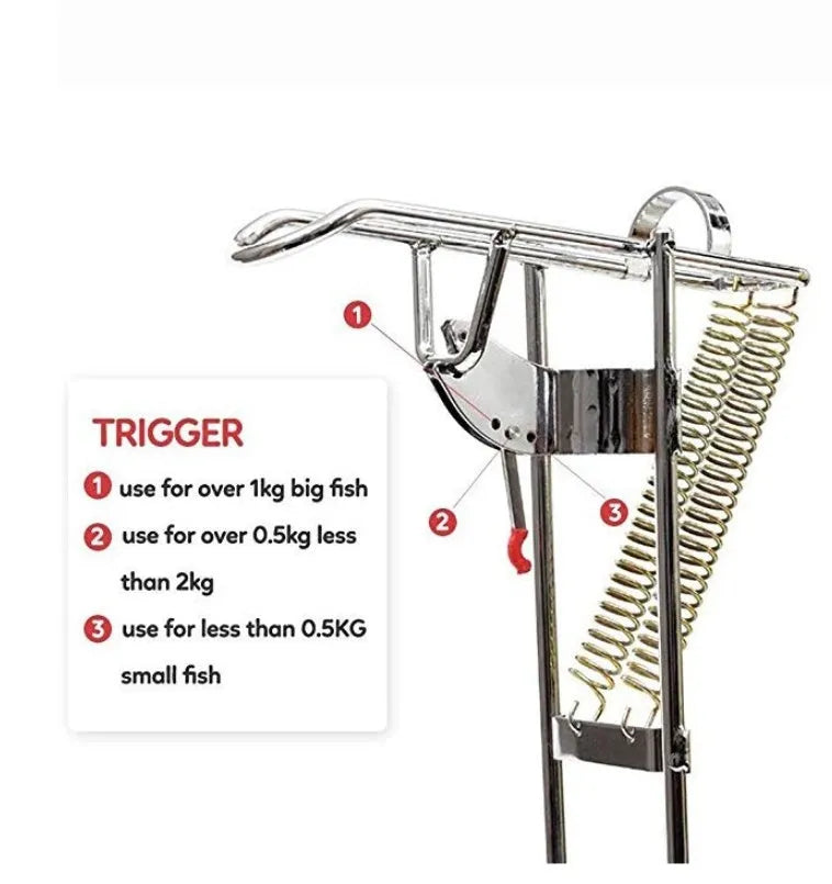 Automatic fishing rod holder in high-strength hard steel with bearing trigger and elastic feet for big and small fish.