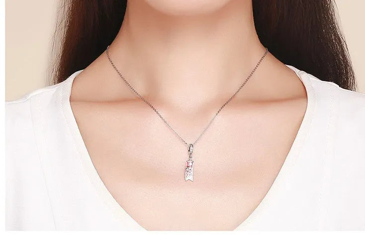 S925 sterling silver carp streamer fish pendant necklace with oxidised finish and zircon details