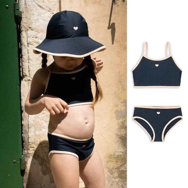 Dark blue split baby girls' swimsuit with briefs style for ages 1-6 years