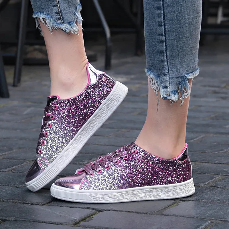 Women's colourful sequin casual shoes in black, gold, or pink with round toe and lace-up design
