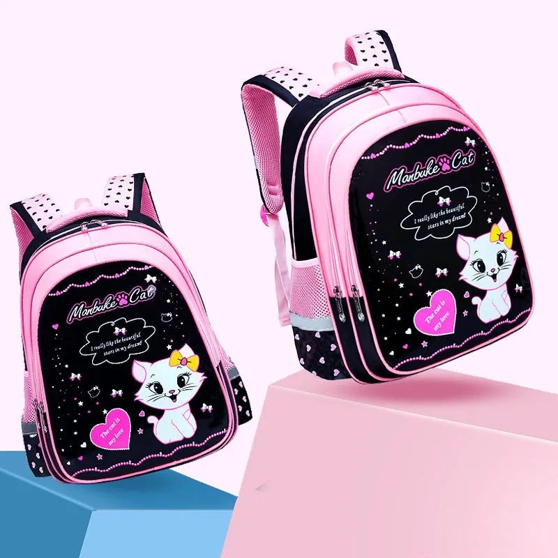 Kids school backpack with cute cat print, nylon, zipper, computer pocket, large and small sizes