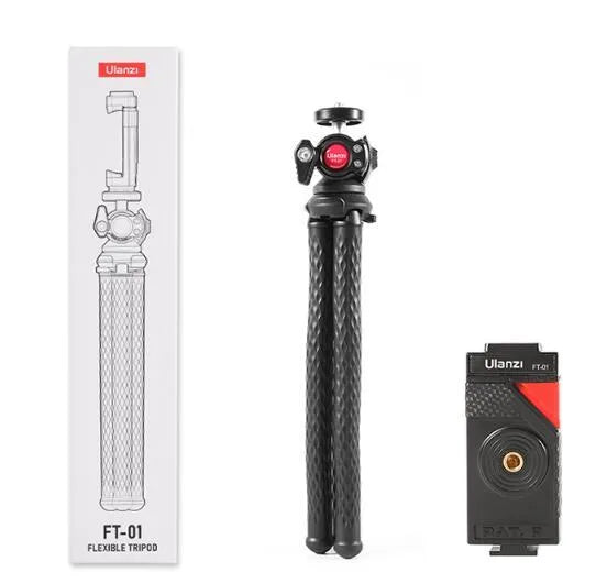 Black octopus-style mobile phone tripod extended to 360mm with smartphone attached via included clip