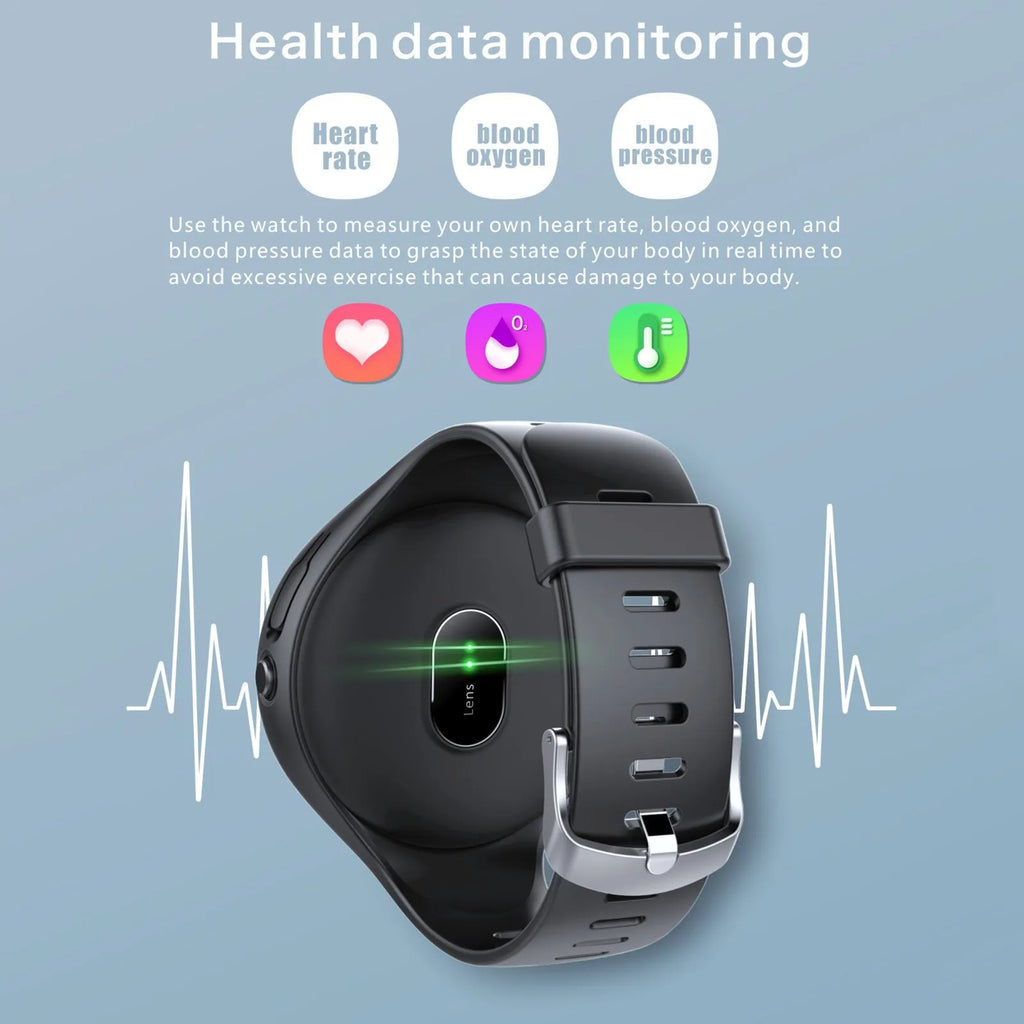 Black Bluetooth headset with detachable smart bracelet showing colour screen, earbuds, and charging cable