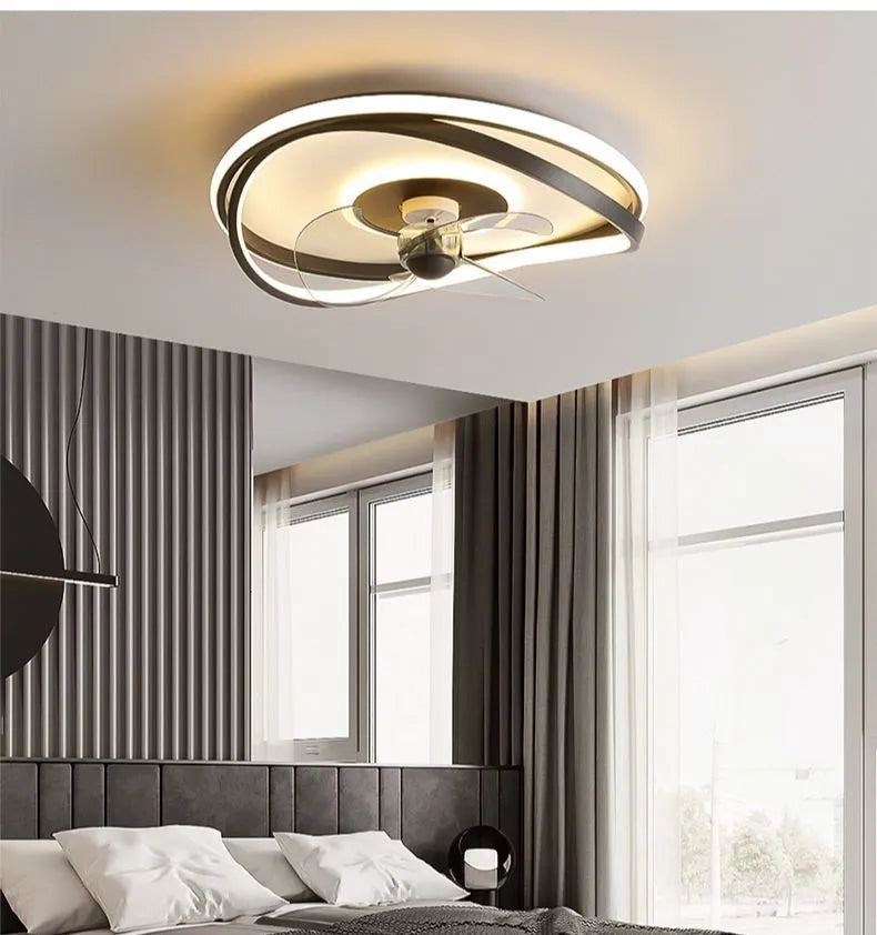 Modern black smart ceiling fan lamp with remote control for bedroom or dining room.