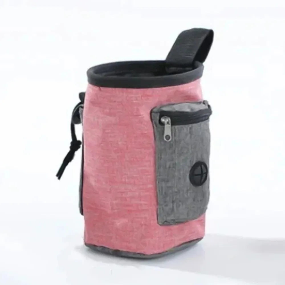 Waterproof pet training waist bag with adjustable belt, dual pockets, and plastic clips in blue colour