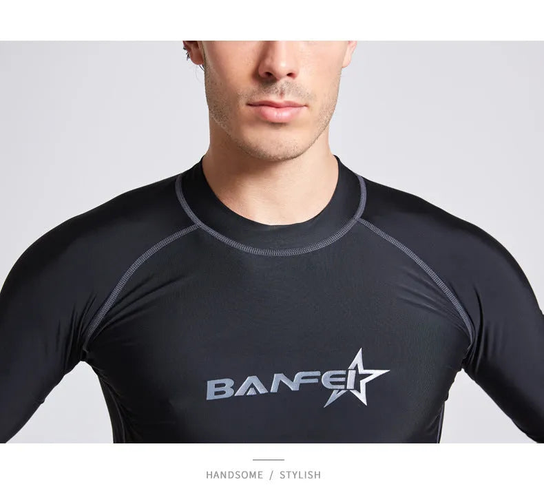 Men's blue quick-dry nylon two-piece swim set with half-sleeve top and swim pants laid flat