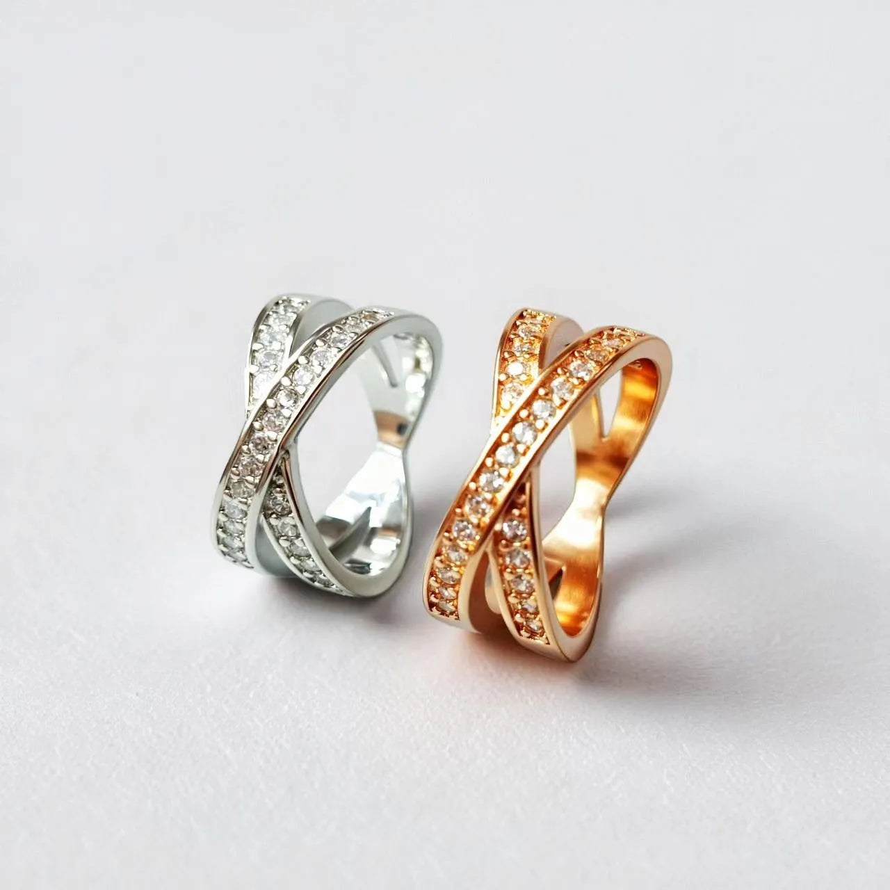 European and American metal cross ring with micro-inlaid zircon detailing in silver or rose gold electroplated finish