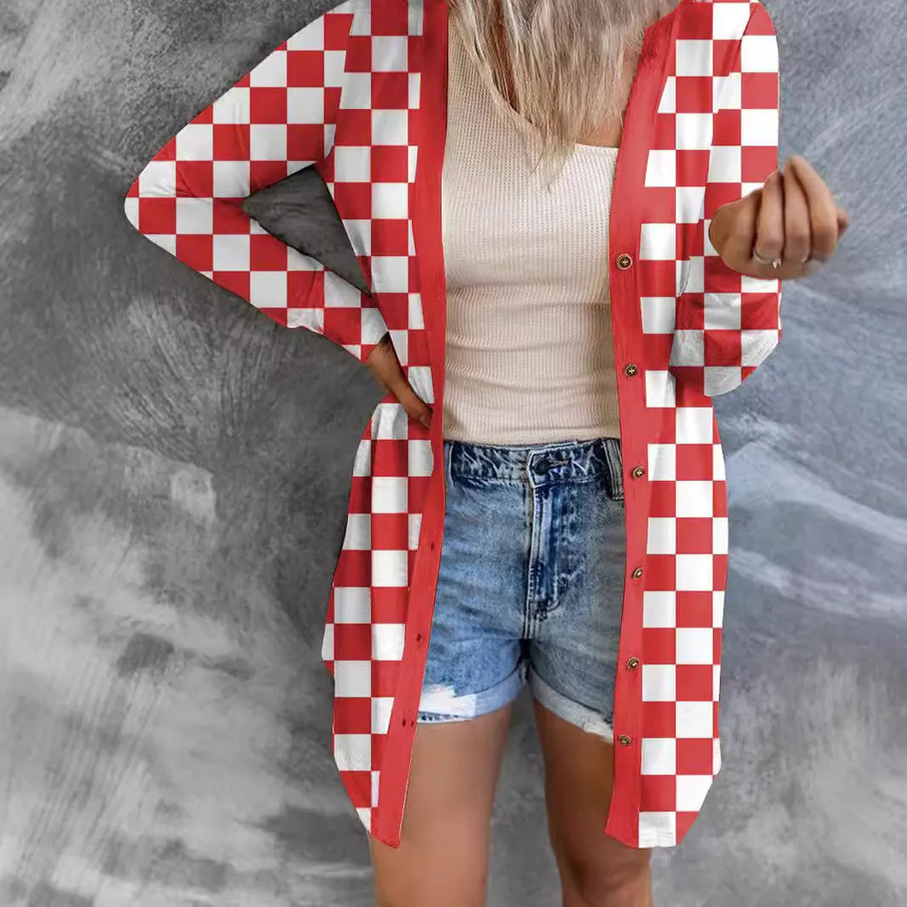 Women's long grey plaid knitted cardigan coat with a loose fit and regular sleeves on a hanger.