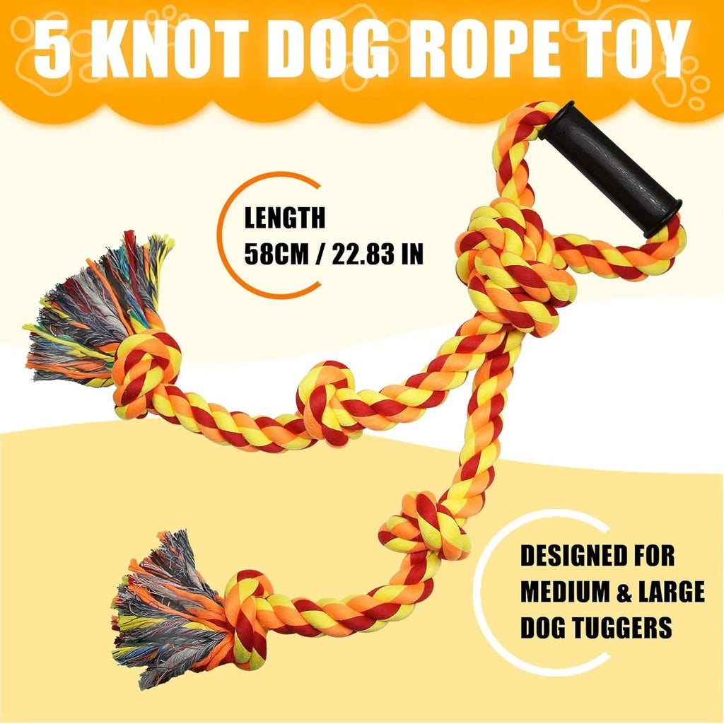 Blue and yellow cotton dog rope toy with non-slip handle, measuring 18x62cm for large breed aggressive chewers