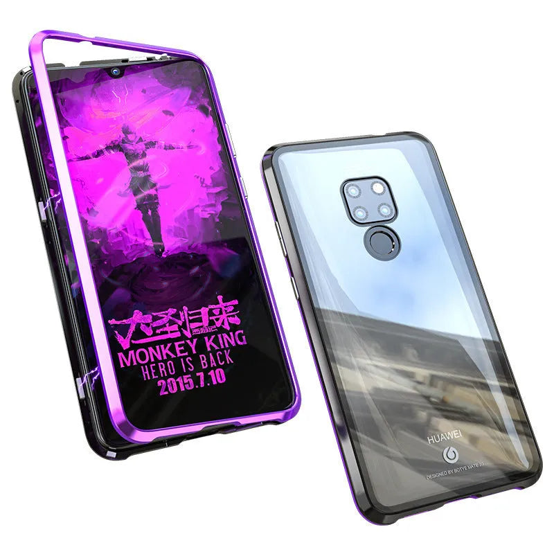 Magnetic phone case with 9H tempered glass back and metal frame in black, showing precise port cuts
