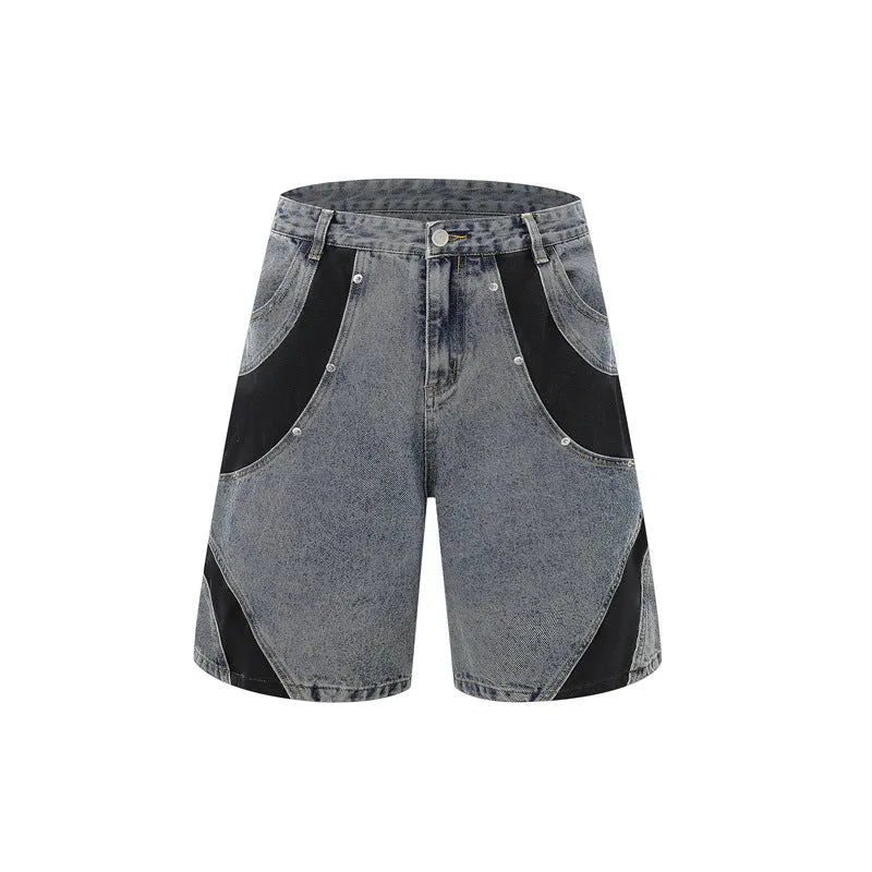 Retro washed denim suit set with short-sleeved jacket and trousers in black or blue, 100% Vinylon fabric