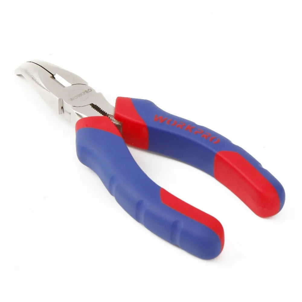 Blue handled curved nose pliers with angled tips for electronics and jewellery work
