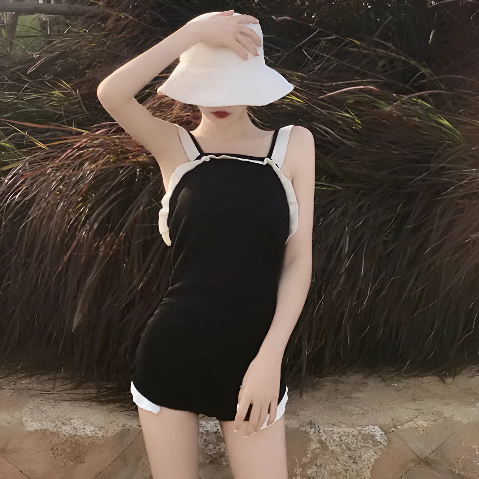 Women's conservative one-piece swimsuit in nylon fabric with Asian sizing options