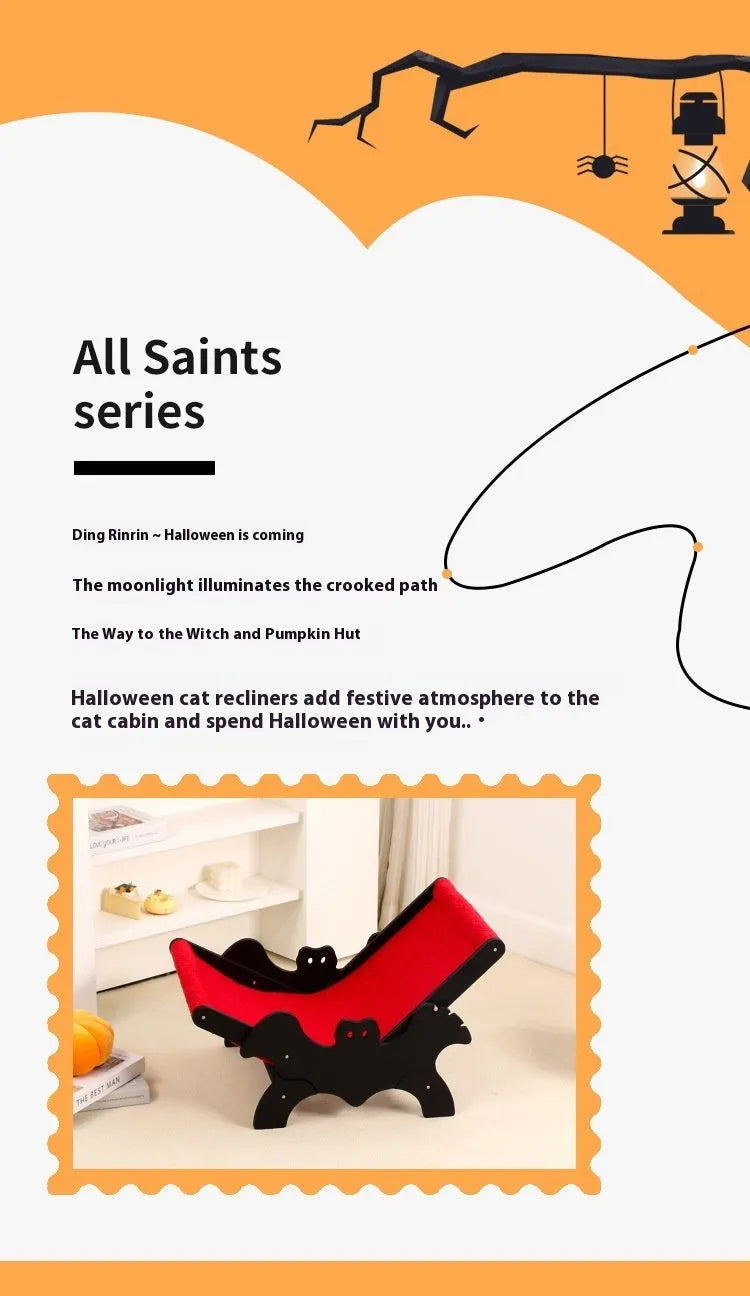 Wooden cat recliner with bat-shaped backrest in black and red Halloween colours