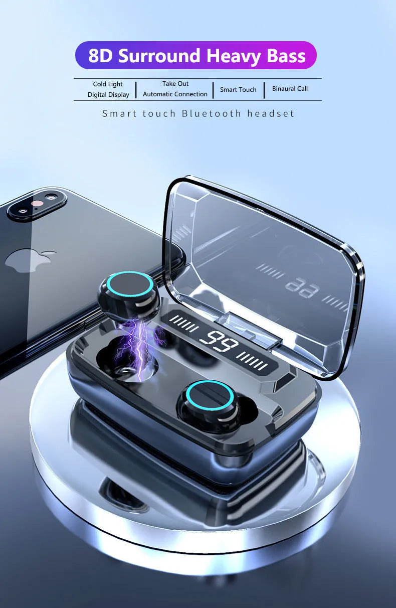 Black Bluetooth wireless headset with digital power display showing battery percentage, placed in charging case