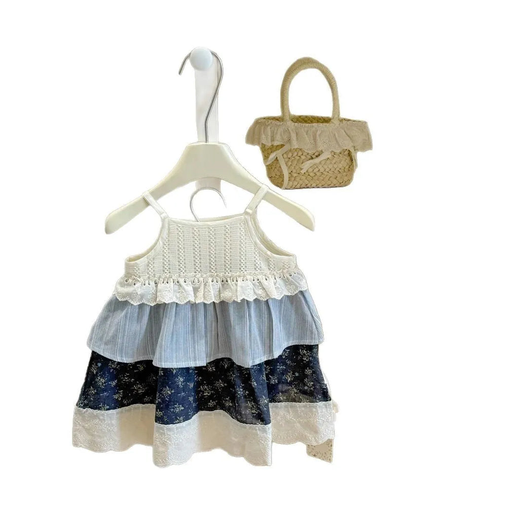 Girls' floral sling spliced princess dress, sleeveless cotton lined, floral skirt 7 385, 80-140cm heights