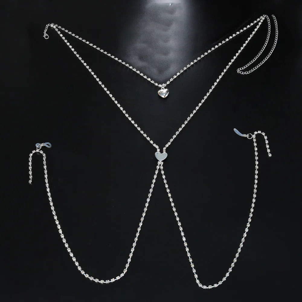Women's heart-shaped rhinestone body chain jewellery in gold and silver electroplated finishes