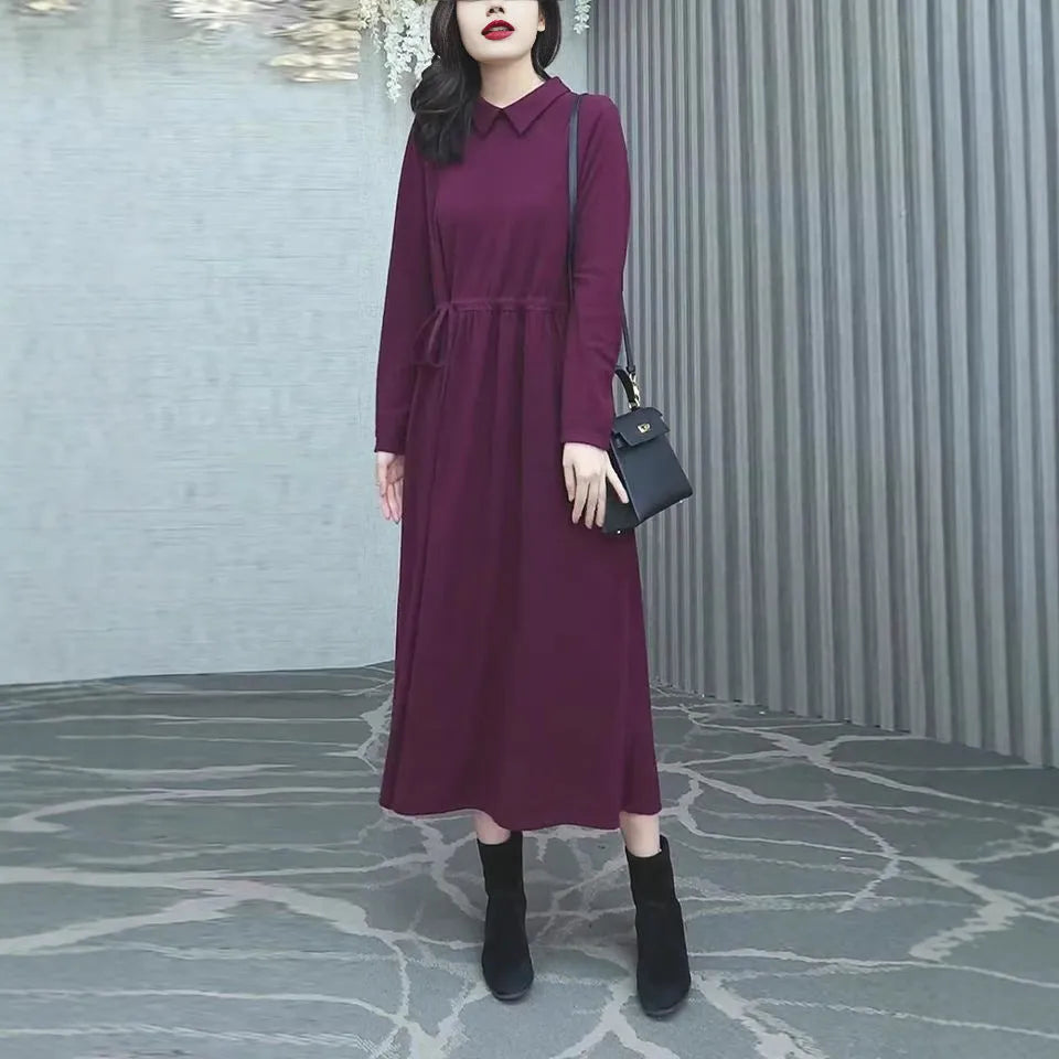 Purplish red long-sleeve dress with extra-long sleeves and long skirt for autumn and winter, available in sizes S to 3XL.