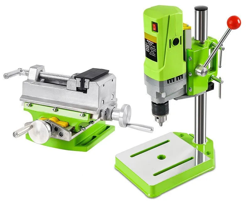 Mini bench drill and milling machine with 240W motor on a workbench for drilling and milling tasks