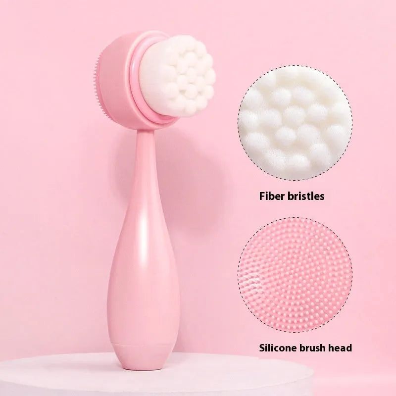 Facial brush set with four nylon-bristle brushes, plastic handles, and coral fleece hair band in multiple colours