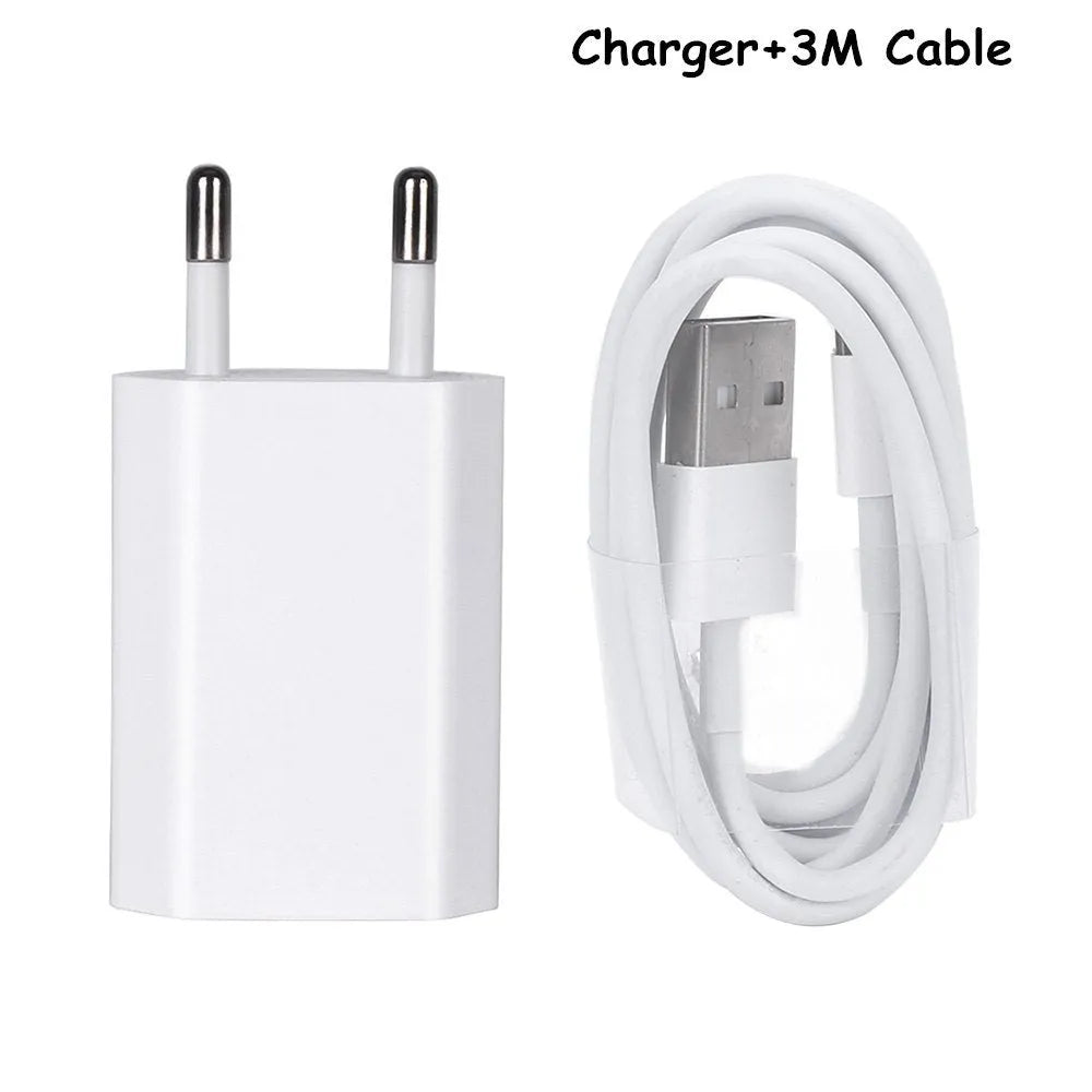 5V2A USB charger with cable for iPhone and iPad models showing 220V input and 5V output specifications